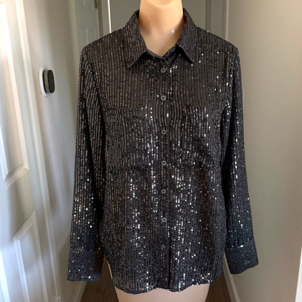 Anthropologie The Remie Sequin Buttondown Blouse Slate Size Small
